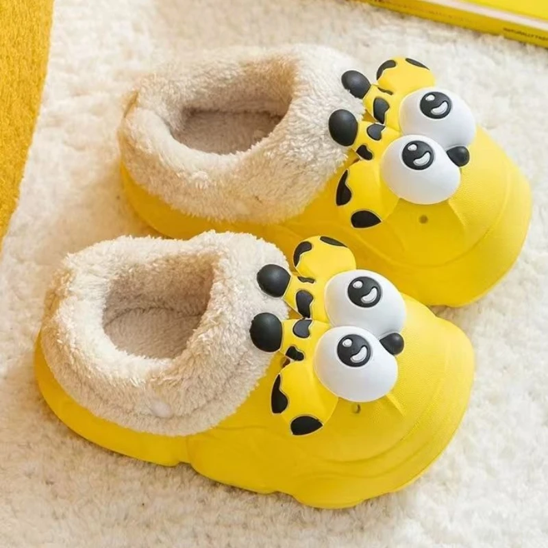 New Arrival Children's Waterproof Cotton Slippers with Furry Lining Anti Slip Design for Outdoor Use Cute Cartoon Style