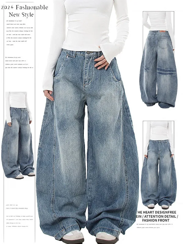 

Retro American Washed Bamboo Fiber Wide Leg Jeans Women's Spring Autumn Loose Straight Cut Denim Pants High Waist Long Trousers