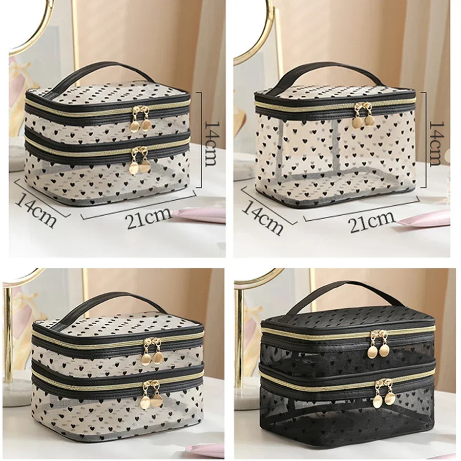 Sac à cosmétiques en maille noire Double couche, trousse de maquillage Portable de grande capacité, pochette de rangement, trousse de toilette à fermeture éclair