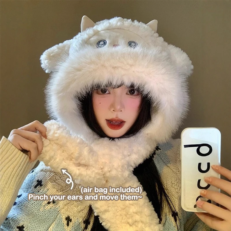 Jumping Cotton Sheep Ears Plush Hat With Moving Ears Funny Hand Pinching Airbag Soft Warm Hat Girl Winter Xmas Party Gift