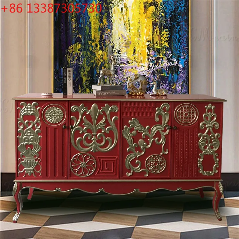 

French American light luxury entrance cabinet Neoclassical European solid wood carving flower and dining side cabinet