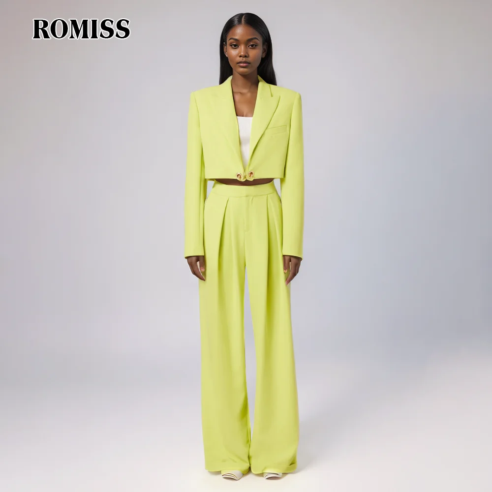 

ROMISS Solid Elegant Two Piece Sets For Women Notched Collar Long Sleeve Blazer High Waist Wide Leg Pant Chic Sets Female