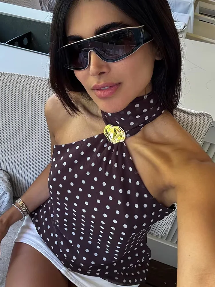 

HH Летний женский элегантный без рукавов с открытой спиной на шее, сексуальный тонкий топ для вечеринок, женский шарф с принтом в горошек, топ с металлической пряжкой