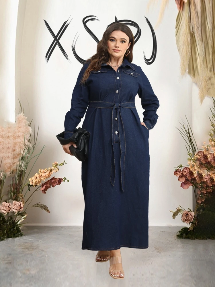 Long Denim Dress Sleeves Winter Plus Size Dress Women Elegant Luxury Cardigan Casual Denim Dress Wholesale Dropshipping