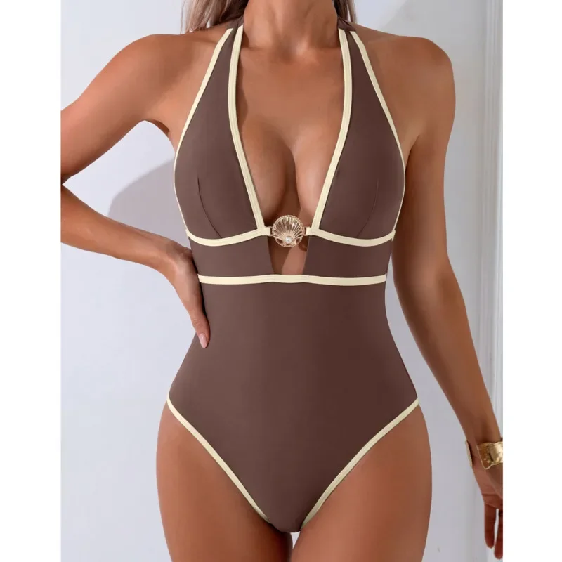 Patchwork Sexy One Piece Swimsuits Women Shell Swimwear Push Up Swimming Wear Body Bathing Suits Beachwear Pool Bather