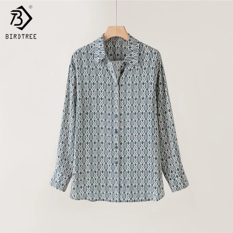 

Birdtree,100% Silk Print Blouse,Women's Double Crepe Lapel Retro Tops,Full Sleeve Loose Shirt,2025 Autumn New T5D638JF