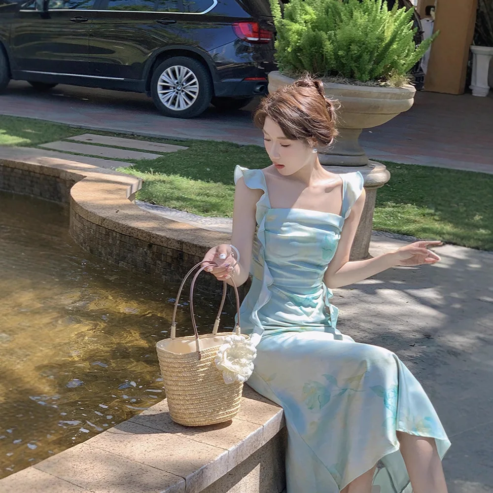 Seaside Holiday Dress Mint Ice Extract Gradient Party Strap Dress Women's Summer French Waist Dyed Fishtail