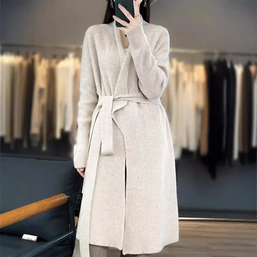 

Women's 100% Wool Knitted Cardigan Loose Fit Long Lapel Lace-Up Sweater Versatile Thick Autumn Winter Lazy Style