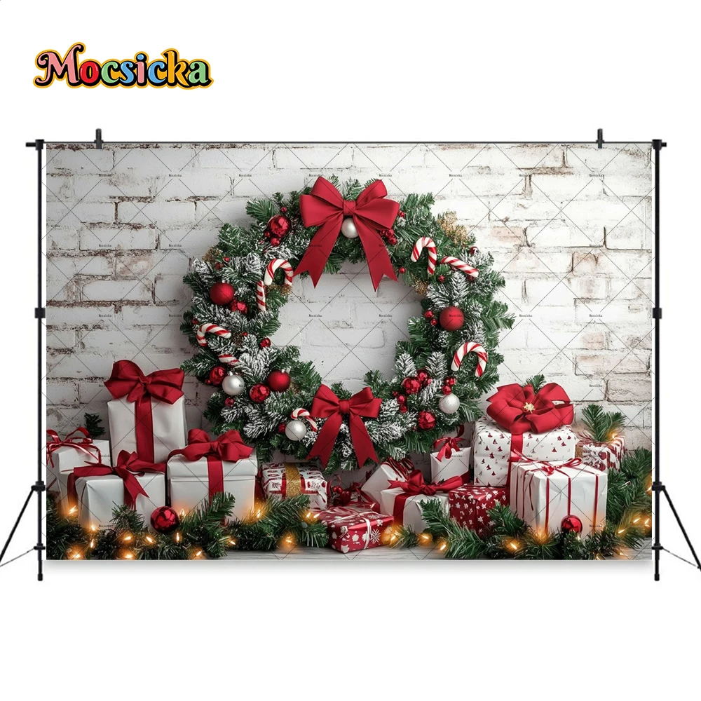 3D Christmas Wreath Photography Background Xmas Candy Cane Gift Snowflake White Brick Wall Backdrop Kids Birthday Winter Photo