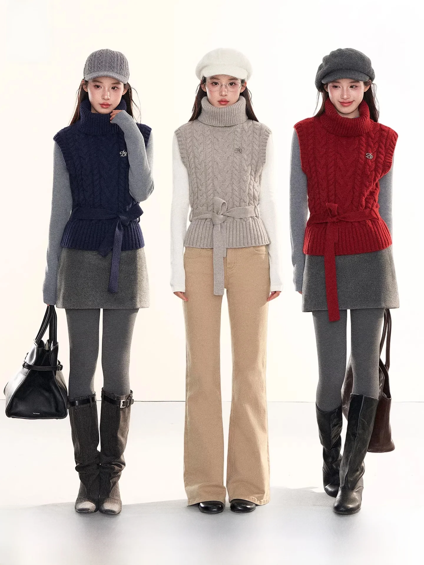 

Warm High Collar Knitted Sweater Vest Belted Vintage Twist Pattern Slimming Top for Women Comfortable Loose Fit Autumn Wear