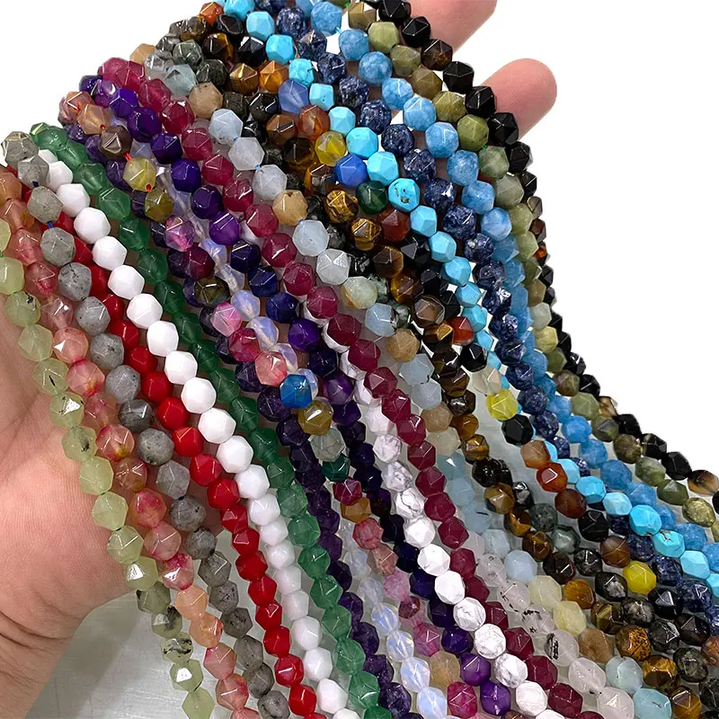 Faceted Round 6 8 10MM Natural Stone Agates Turquoise Chalcedony Jades Spacer Beads for Jewelry Making Diy Bracelet Accessories
