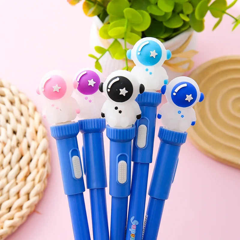 5Pcs/Lot Cute Light Astronaut Neutral Pen 0.5mm Black Ink Creative Student Decompression Rotating Pen Cartoon Stationery Office