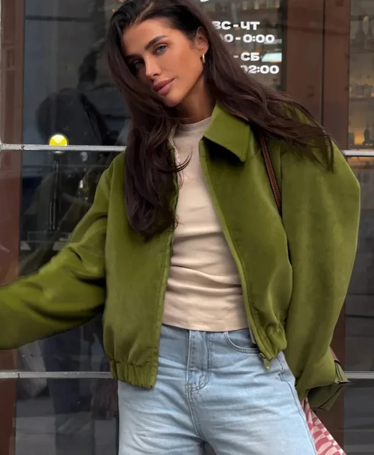 

Women New Autumn Winter Trendy Retro Green Jackets Velvet Loose Baseball Lapel Jacket Outerwear Coats