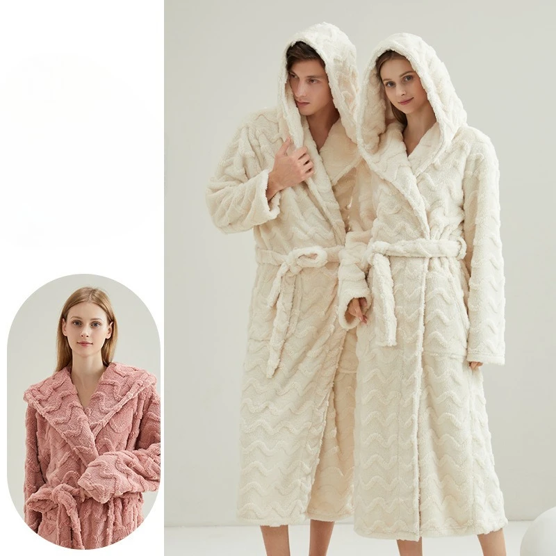 Cross-border Hooded Jacquard Coral Fleece Nightgown Winter Thickened Double-sided Fleece Couple Bathrobe Long Winter Nightgown