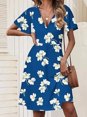 Verführerisches Kleid mit tiefem V-Ausschnitt und Blumenmuster, anmutiges, leichtes Midikleid, zeitlose Polka-Kleider im Vintage-Stil