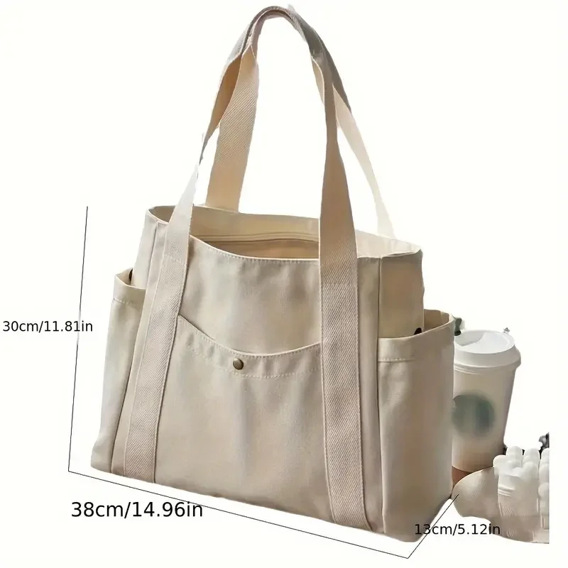 1Pcs Large Capacity Canvas Tote with Multiple Pockets-Perfect for School/work Commute/travel and Shopping Bags on One Shoulder