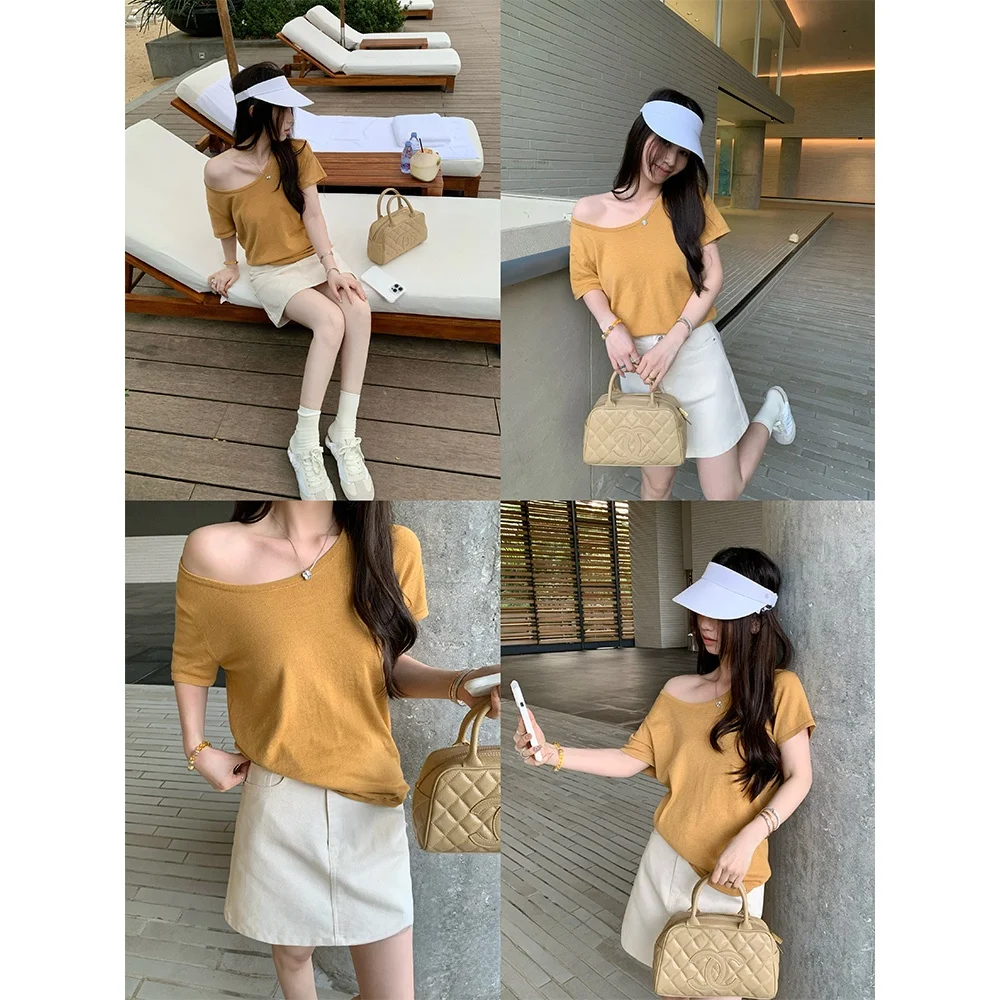 Orange Shoulder Bared Knitted Short Sleeve T Shirt Women's Top Pijiu Summer 2025 Fashion Casual Loose Fit round Neck Tee