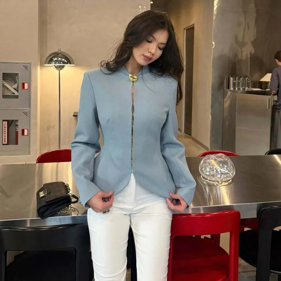 

2026 Spring Autumn Women Slim Fit Asymmetric Blazer Long Sleeve Elegant Fashion Office Outerwear Tops
