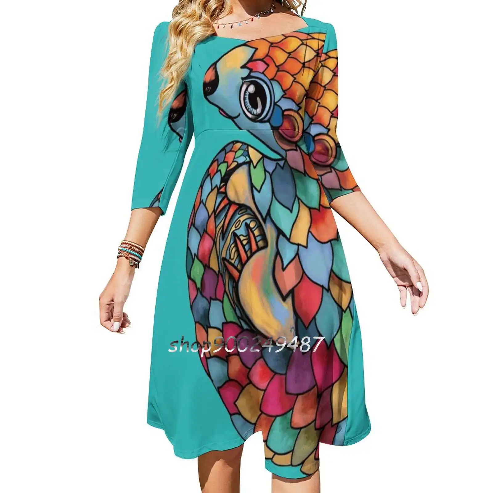 Rainbow Pangolin Square Neck Dress Cute Loose Print Dresses Elegant Beach Party Dress Pangolin Caps Pangolin Hats Pangolin