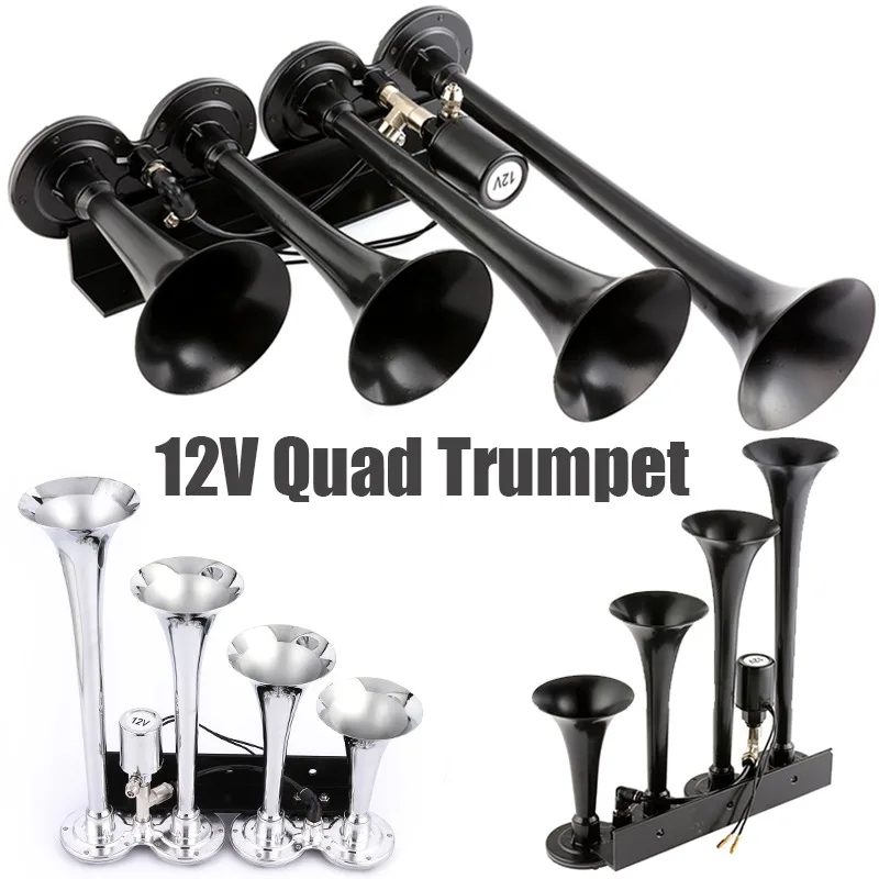 

12V 135DB Loud Quad Trumpet 4 Tube Car Air Horn Air Horn Train Horn for Truck Car Pickup Truck Marine RV SUV