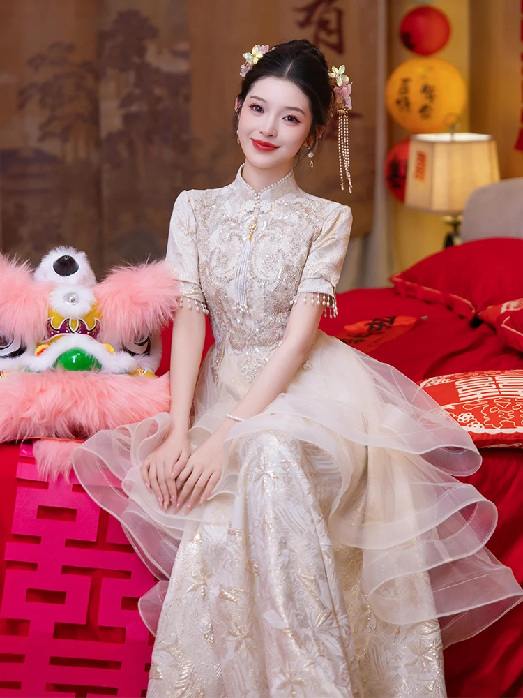 

Ele Long Wedding Dr New Chinese Sle Engagement Ceremony Dr Pearl Embellied ort Sve mid Waist Polka Dot