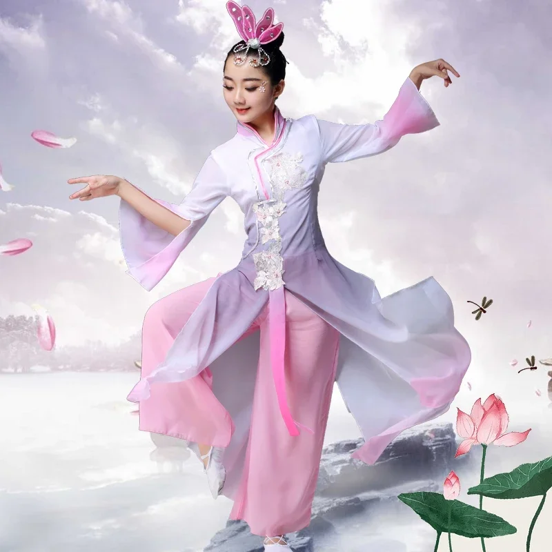 Disfraz de Hanfu de danza folclórica china, disfraces nacionales clásicos, ropa Yangko, ropa de escenario de baile con paraguas para niñas