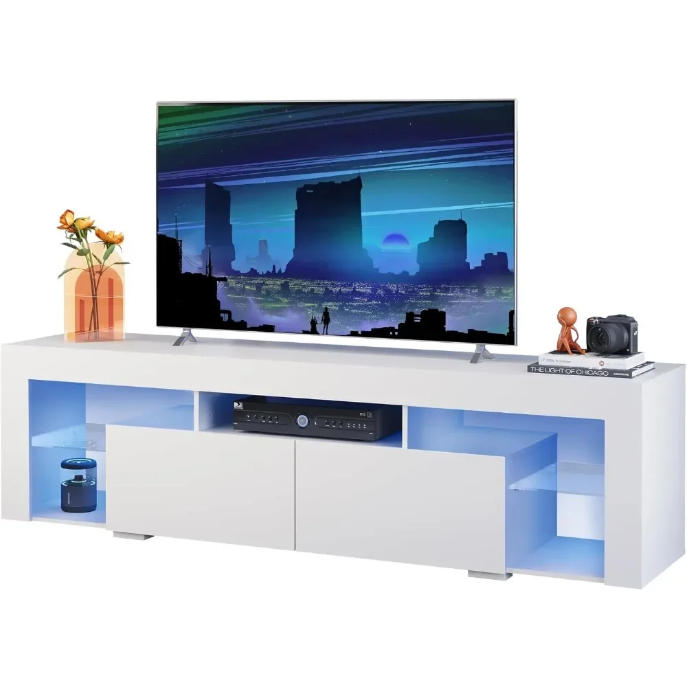Suporte de TV de 63 polegadas, centro de entretenimento LED para TV de 60 a 70 polegadas, console de TV moderno com 2 gavetas, suporte de TV para sala de estar