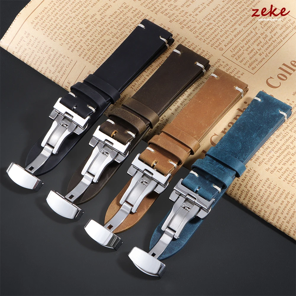 Stitching Genuine Leather Strap Butterfly Buckle Bracelet for Omega Vintage Brown Watch Band 18/20/21/22/24mm Watchband for Men