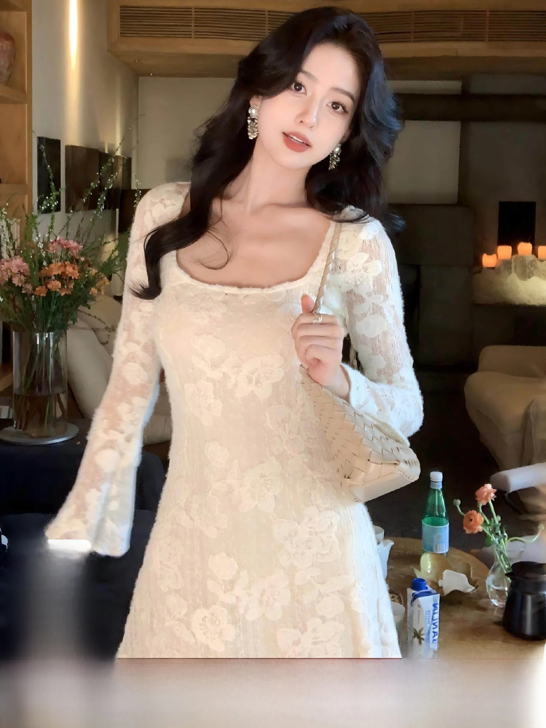 

Длинное платье А-силуэта с кружевными цветами, квадратным воротником, стройнящее, универсальное, модное женское платье, подходящее для различных случаев.