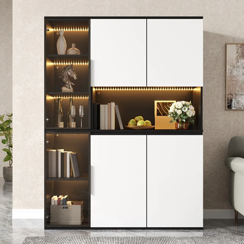 Buffet Vitrine Haute Moderne, Meuble Haute en Noir et Blanc avec Portes Vitrées, Éclairage LED Intégré, Rangement Spacieux, Corps en MDF, Étagères Ouvertes et Fermées, Meuble de Salon et de Salle à Manger