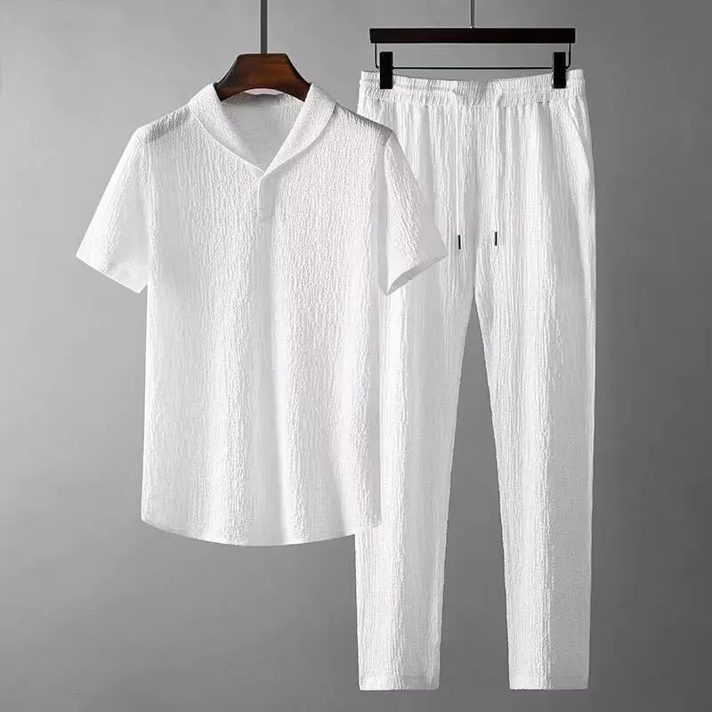 Summer Men\'s Silk Linen Sports Tracksuits Youth Short Sleeved And Pants Two Piece Sets Men Outfits Suits