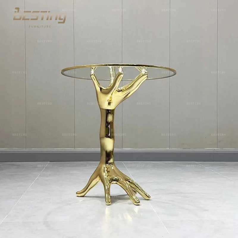 Modern Design Custom Living Room Sofa Side Table Gold Stainless Steel Glass Top Coffee Table
