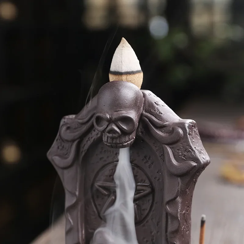 Creative Skull Purple Clay Waterfall Incense Burner Halloween Gifts Home Decor Incense Stick Holder Ceramic Censer Handicrafts