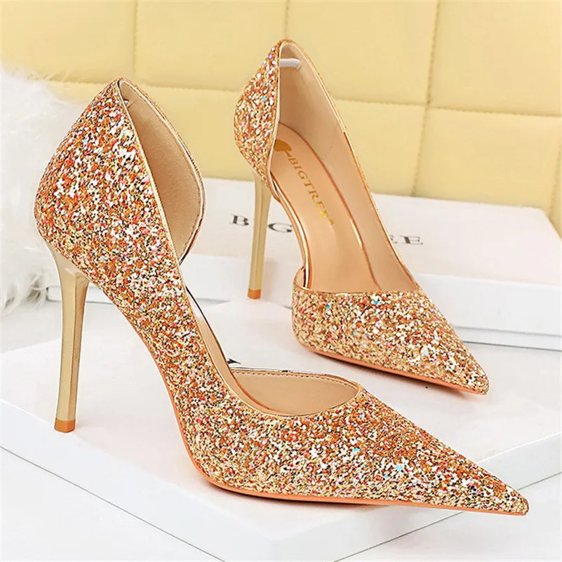 Women 7cm 10.5cm High Heels Elegant Blue Pumps Sexy Sequins Bling Mid Heels Lady Scarpins Luxury Stiletto Sparkly Party Shoes