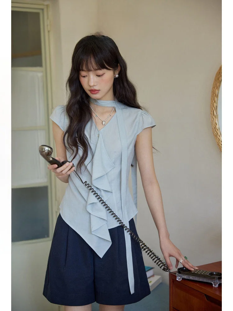 

ORWhite2025 Summer Vintage Striped Women's Shirt V-neck Puffy Sleeve Sash Design Loose Fit Short Sleeve Casual Top