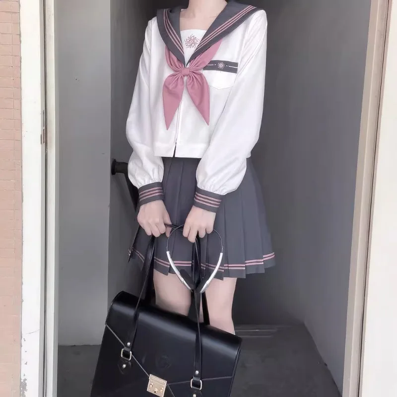 2024 New Japanese JK Uniform Sailor Outfits Preppy Style Pink Color Cute Sweet Long Short Sleeves Top Skirt All Match Suit Girls