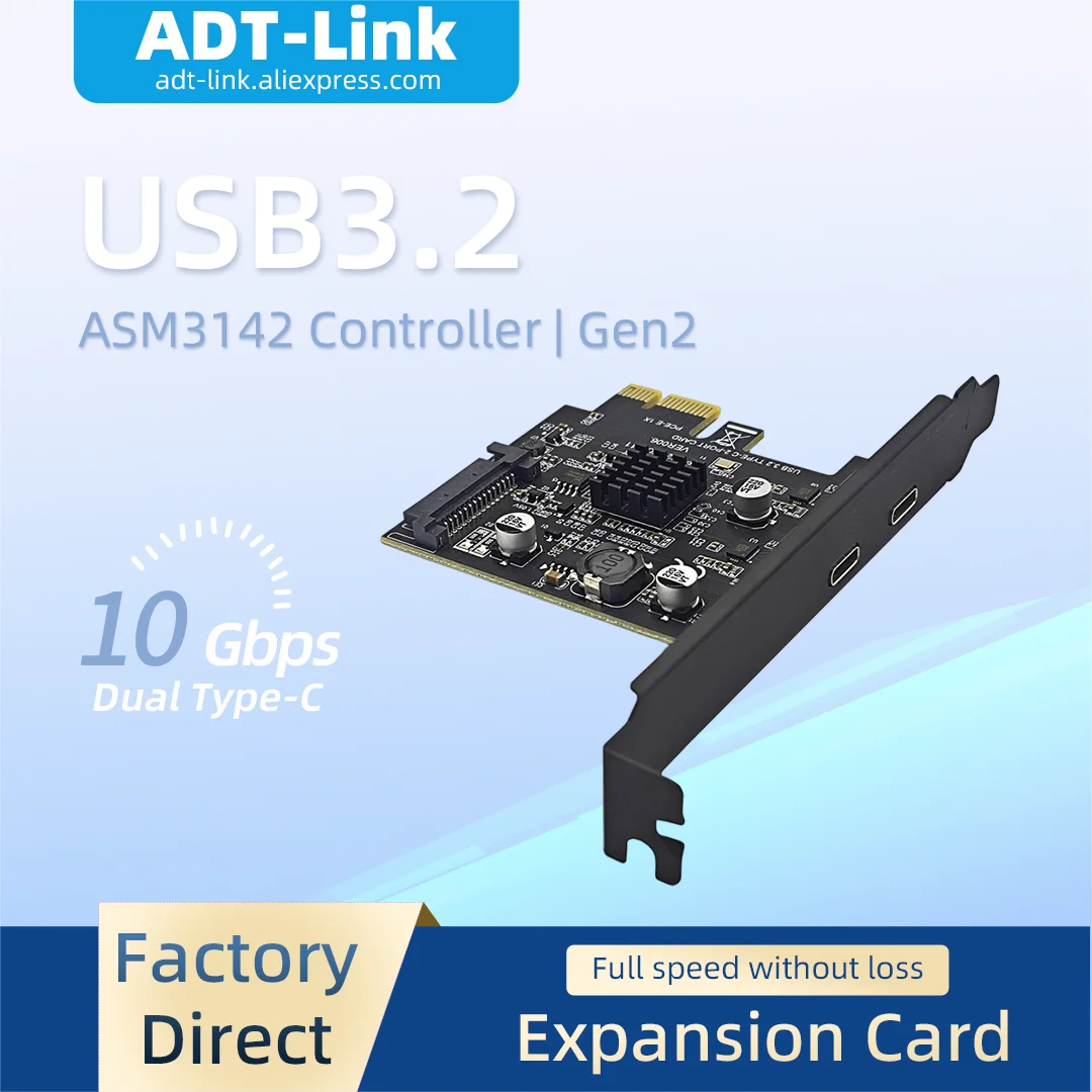 

Dual Type-C USB 3.2 High Speed PCIe Gen2 10Gbps Expansion Card ASMedia ASM3142 Chip Desktop PC USB Adapter Black