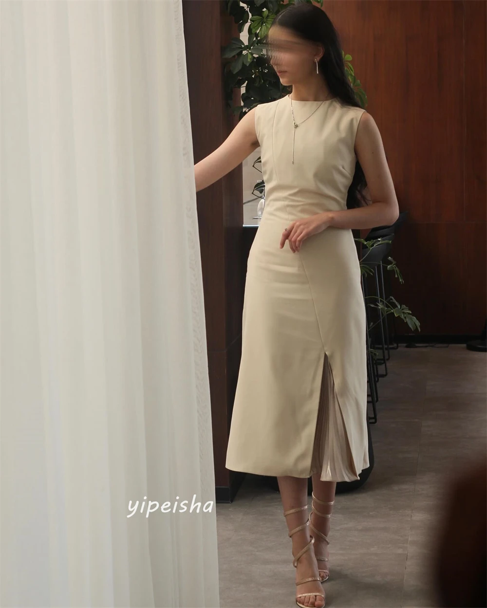 Customized Jiayigong  Jersey Ruched Wedding Party A-line Jewel Bespoke Occasion Gown Midi Dresses