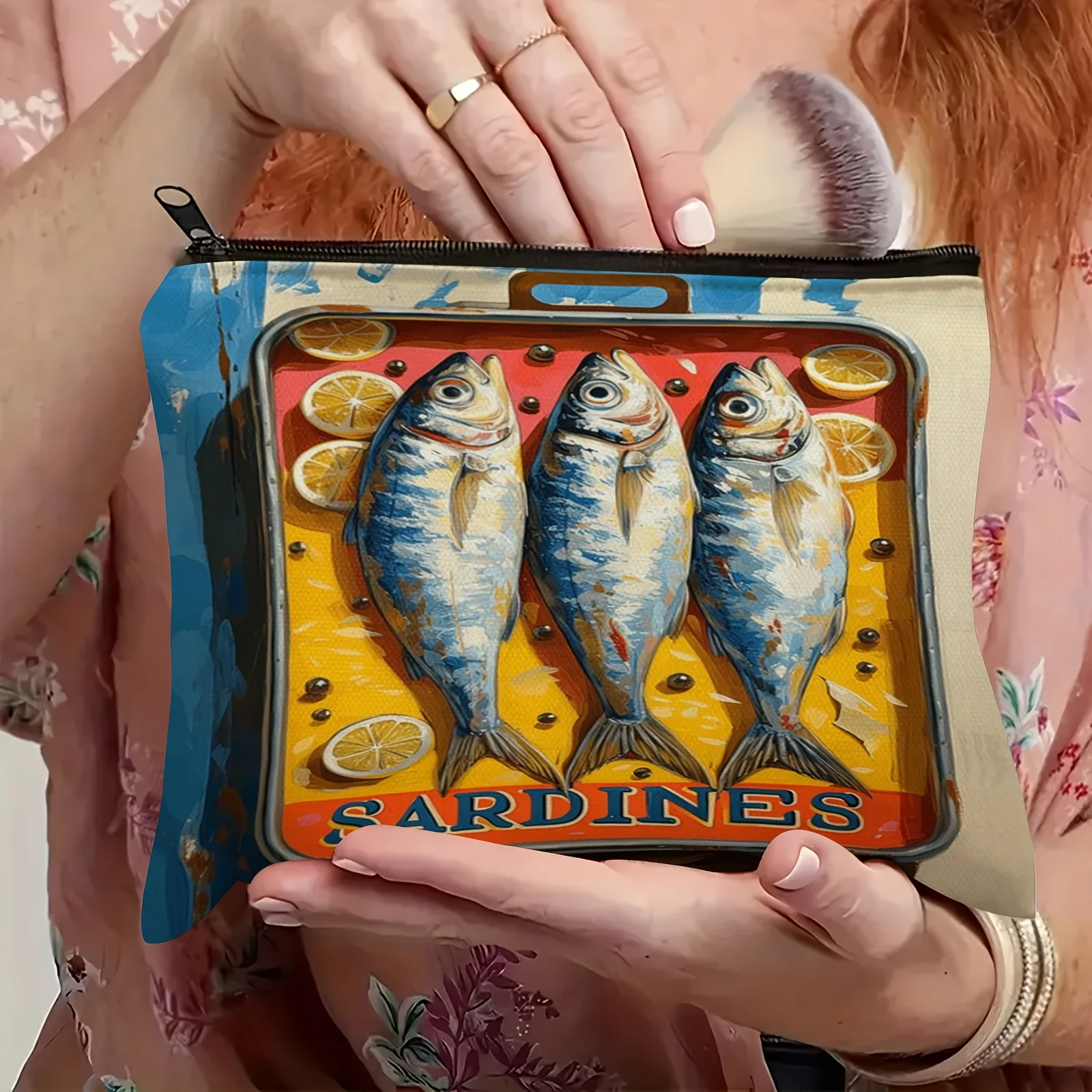 Vintage Sardine Tin Box Pouch – Colorful Fish Design with Lemon Slice Accents, Multipurpose Zipper Bag for Cosmetics, Snacks
