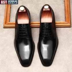 Italian Mens Dress Shoes Luxury Genuine Leather Summer 2024 New Style Fashion Square Toe Black Business Social Oxfords Shoes