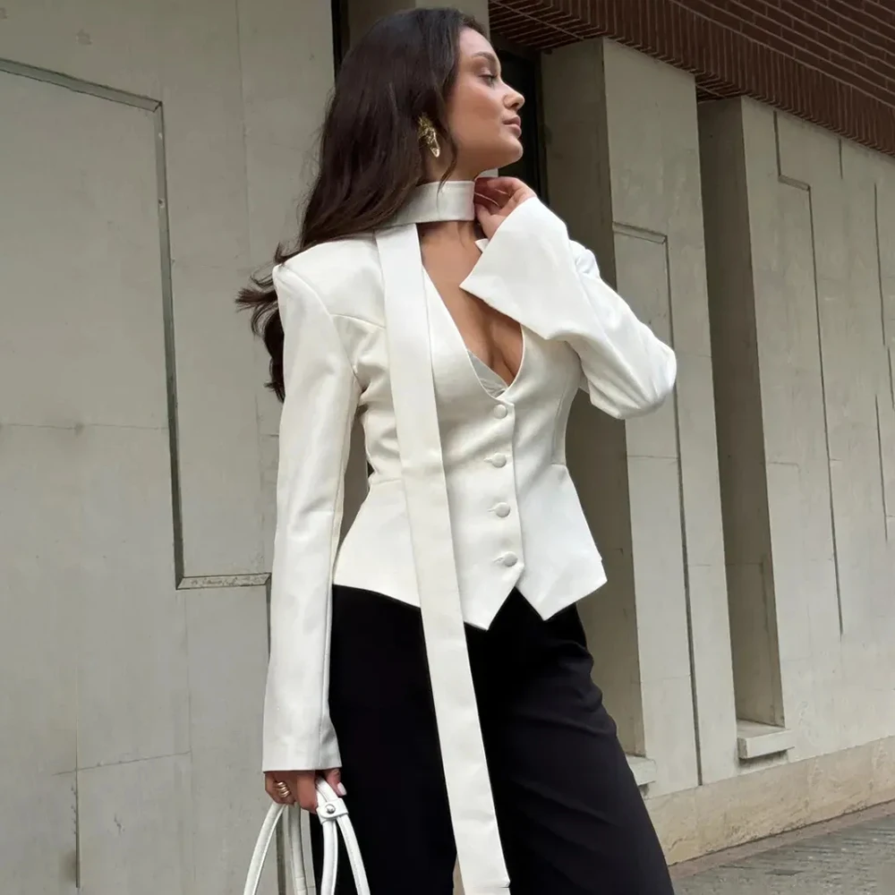 Ticketsx V Neck Scarf Blazer Jacket Women's Elegant Cinched Waist Single Breasted Full Sleeve Coat Female Casual Slim Blazers