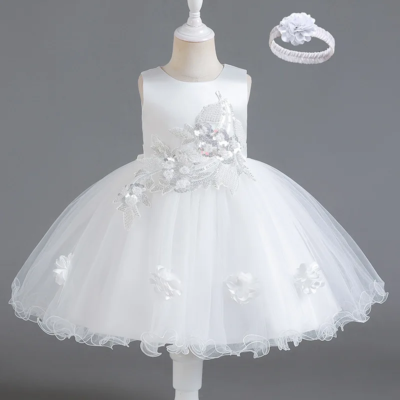 Baby Girls White Dresses Summer Sleeveless 1 Year Old Baptismal Tulle Dress for Kid Princess Party Costumes Dresses for Children