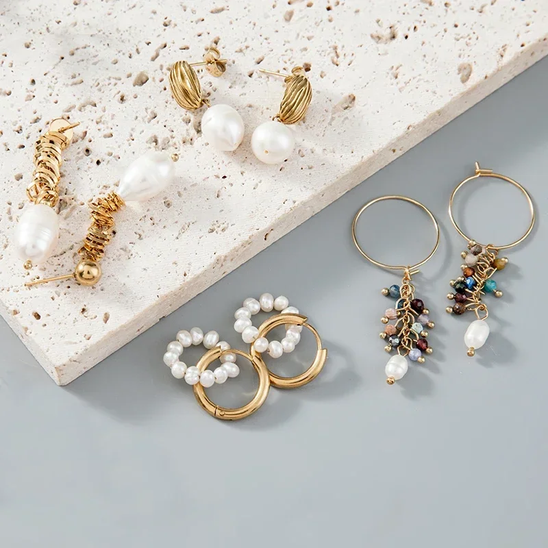 

Light Luxury Gold Color Stainless Steel Inlaid Zircon Flower Irregular Pearl Drop Earring for Women Retro Baroque Jewelry Gifts