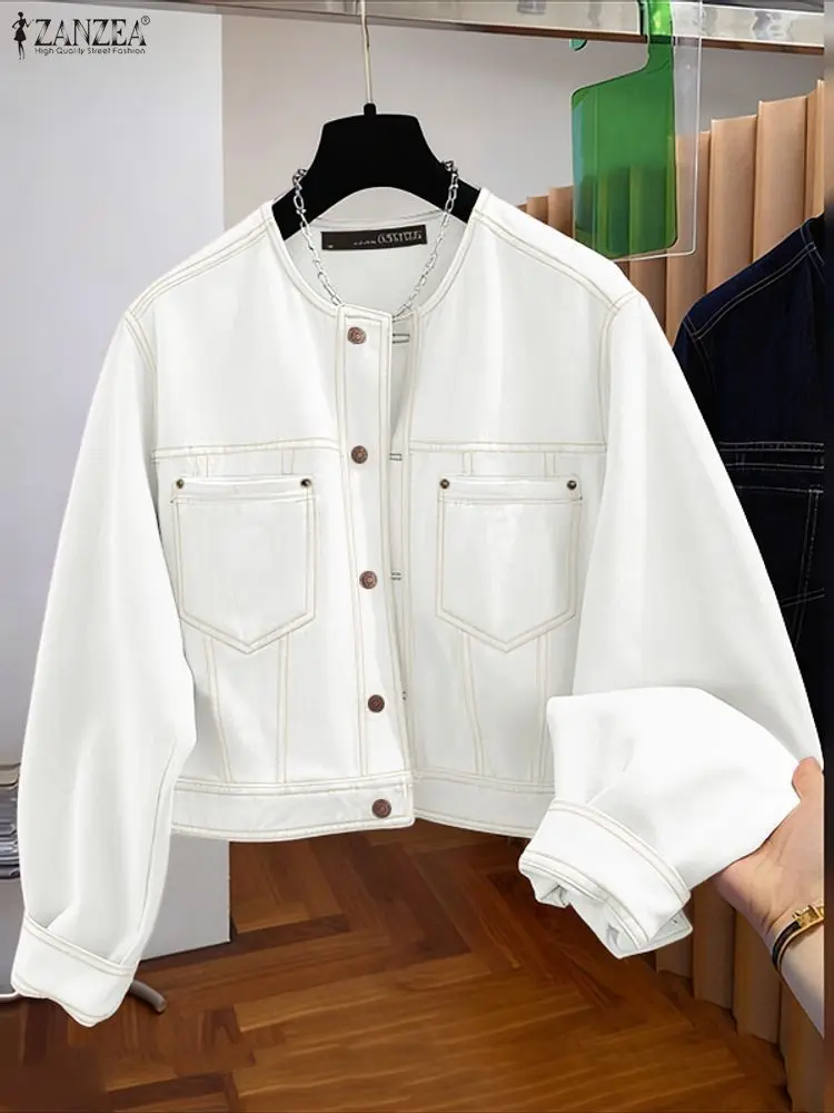 

ZANZEA женские уличные модные куртки контрастной вышивки с круглым вырезом и длинными рукавами, карманами, джинсовые пальто, осень 2021, женская верхняя одежда 3XL