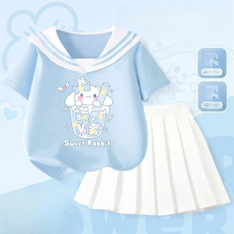 

Anime Cartoon Kawaii Sanrio 2026 Clothes Children Summer Suit College Wind Girl Pleated Skirt Two-piece Suit Pretty Comfortable