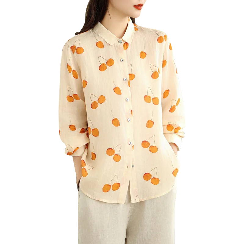 ربيع الخريف القطن الخالص المطبوعة خفيفة الوزن طويلة Sve فضفاضة irt Quali سترة مفتوحة Fre Airy Sle للتنقل