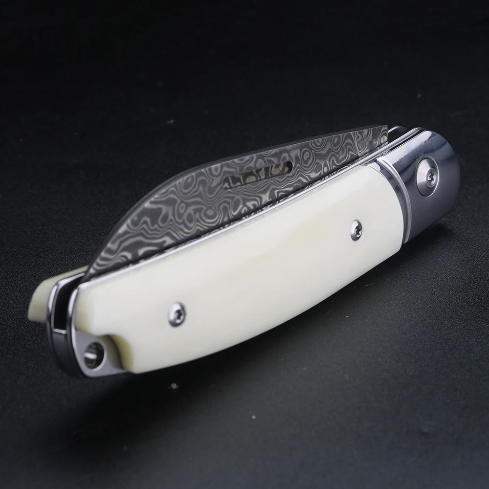 

Bull bone handle Damascus VG10 folding knife, finely polished pocket knife, family fruit knife