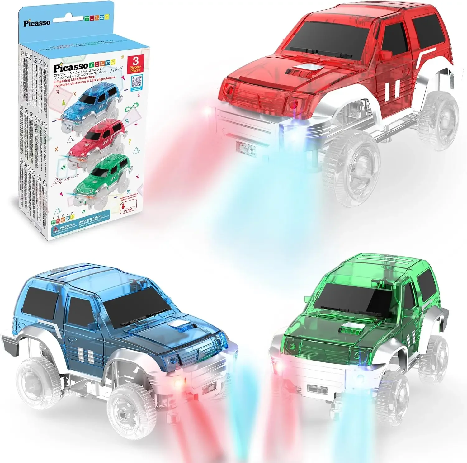 

3 Magnetic Toy Cars Set Light Up LED Highly Detailed Compatible with Magnet Car Race Track STEM Truck Replacement Accessories Ed