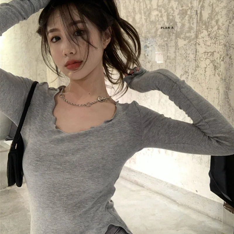 Long Sleeve T-shirts Women Fungus Line Irregular Hem Knitted Slender Autumn Bottoming Tees Chic Fashion Sexy Solid Ulzzang New