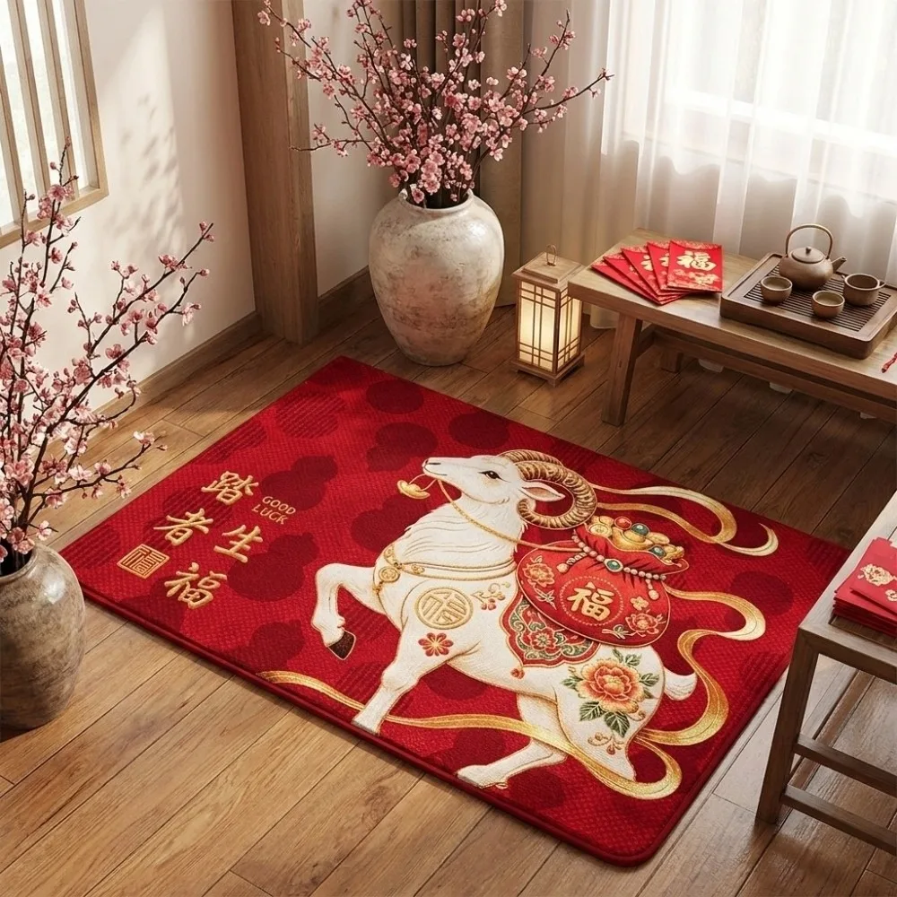 Chinese Style Zodiac Goat Floor Mat Blessing Words Anti Slip 2027 Lamb Door Mat Soft Lucky Year of The Sheep Mat New Year